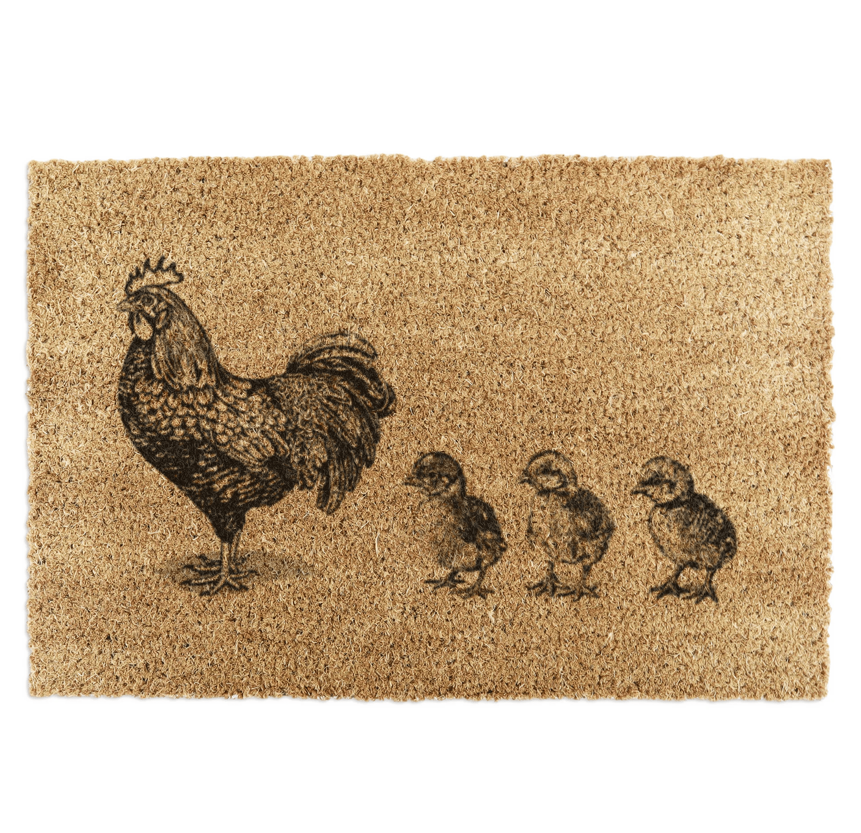 Doormat with a hen and three chicks design on a beige background