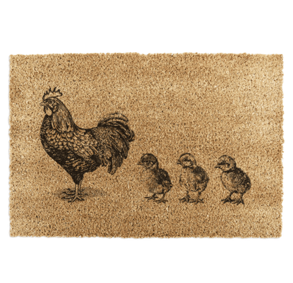 Doormat with a hen and three chicks design on a beige background