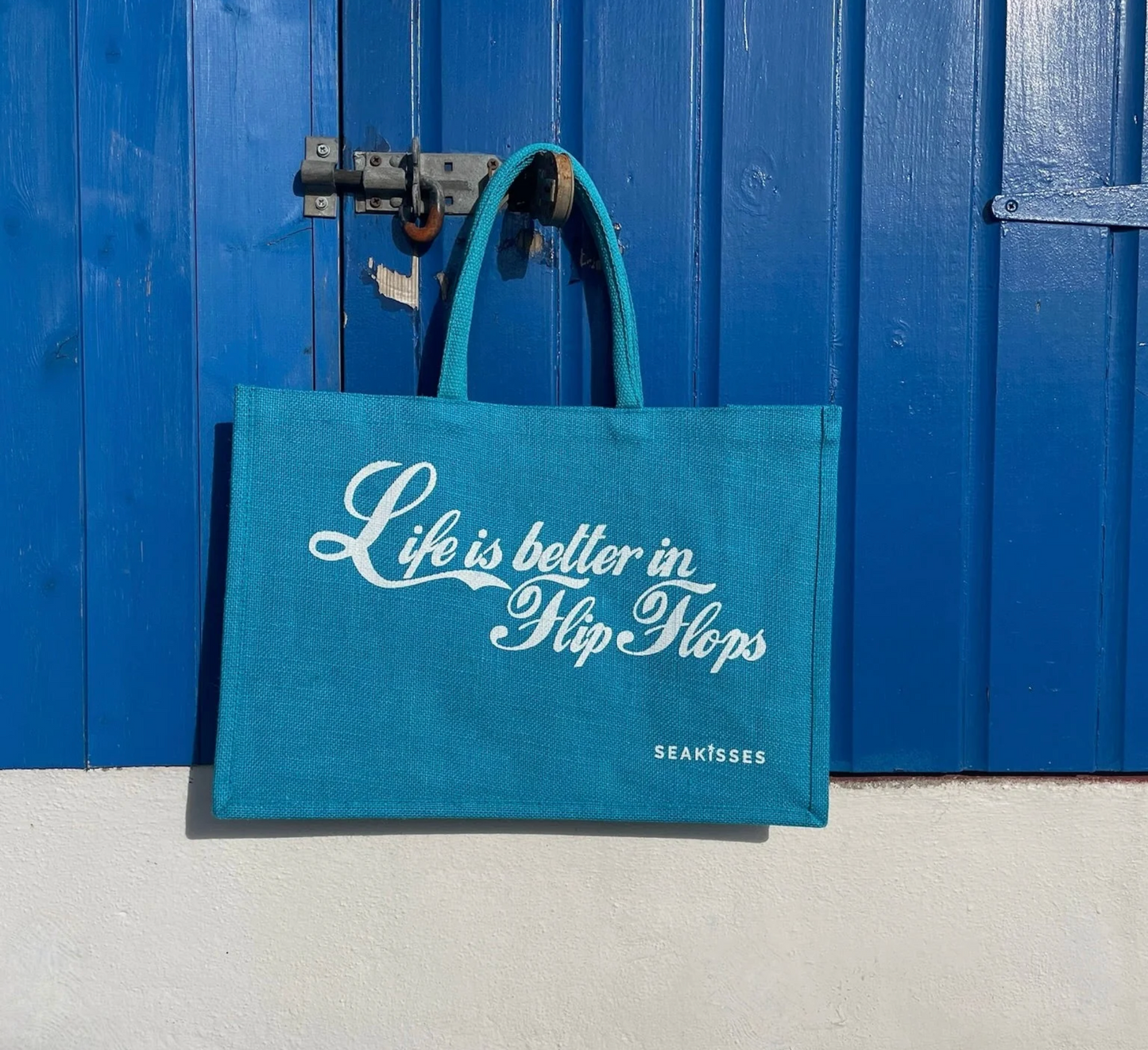 Life is Better in Flip Flops Ocean Blue Jute Bag