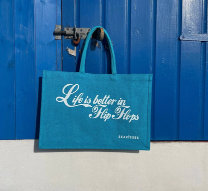 Life is Better in Flip Flops Ocean Blue Jute Bag