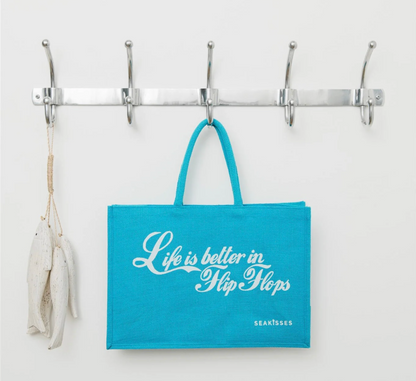 Life is Better in Flip Flops Ocean Blue Jute Bag