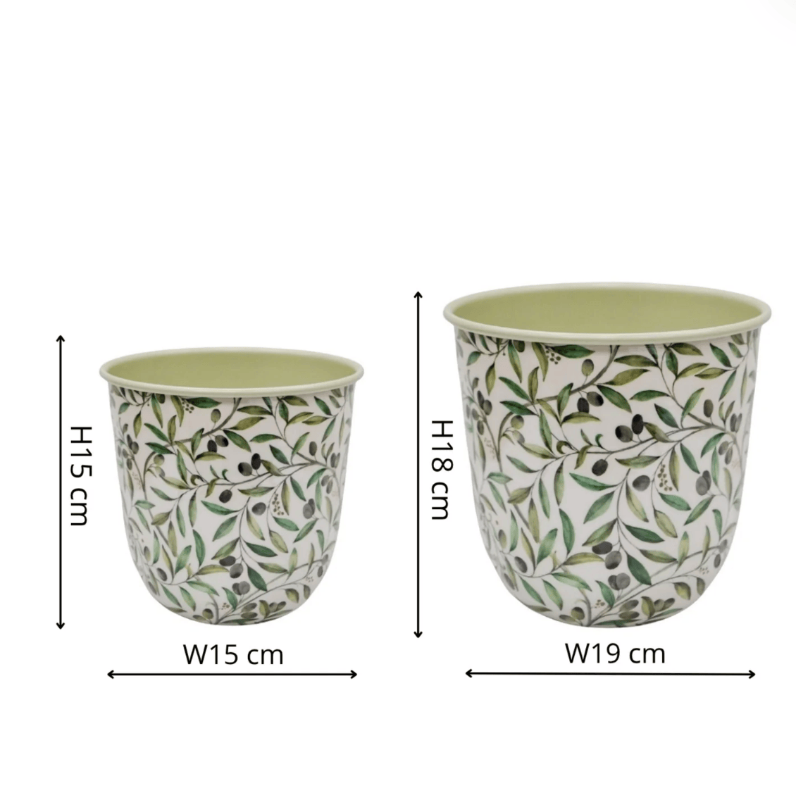 Two decorative plant pots with leaf patterns and their dimensions on a white background