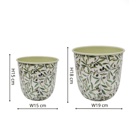 Two decorative plant pots with leaf patterns and their dimensions on a white background