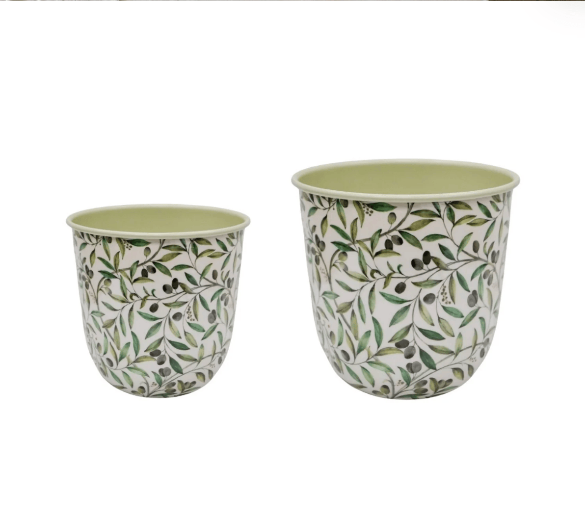 Two floral-patterned planters on a white background