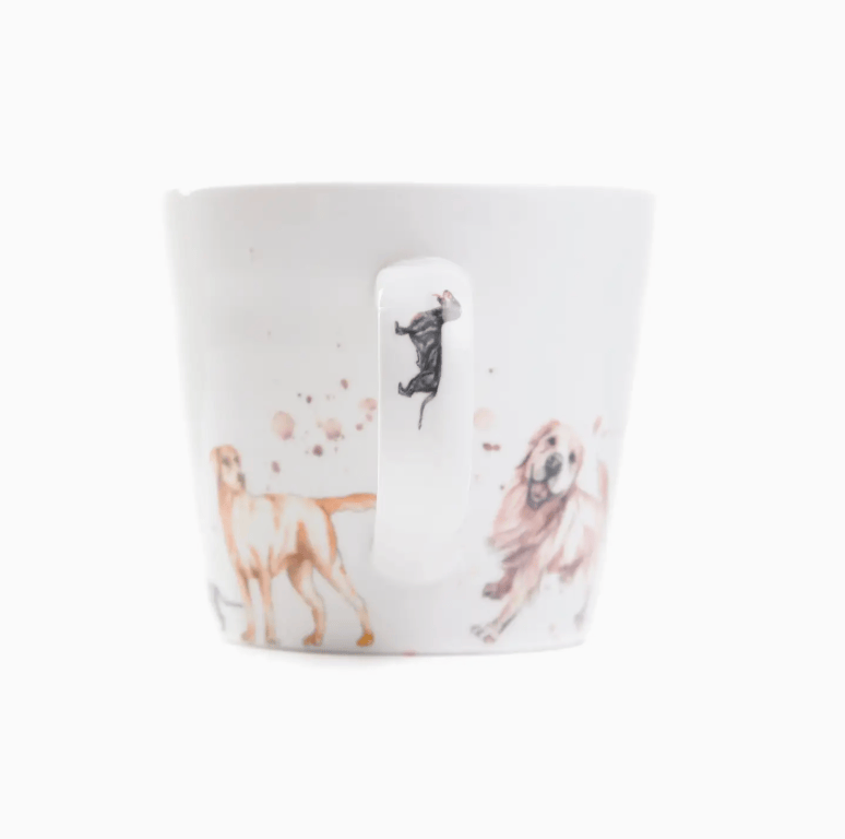 Ceramic mug with illustrations of dogs on a white background