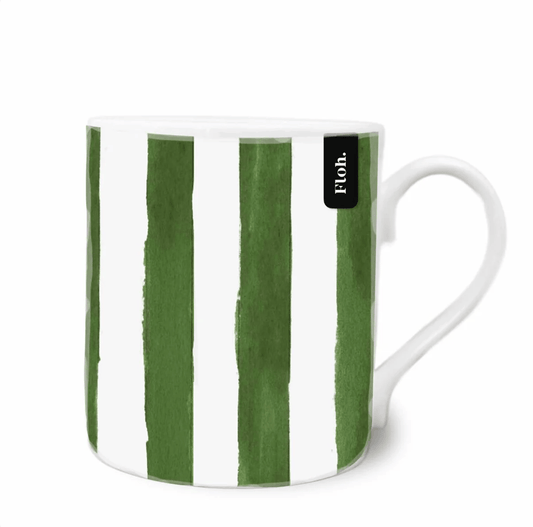 Mug with green vertical stripes and a visible brand label on a white background