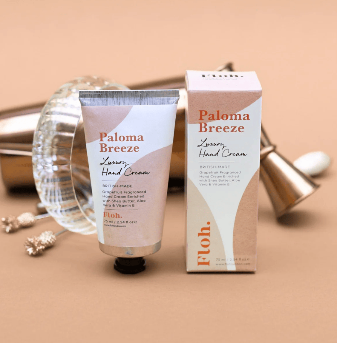 Paloma Breeze hand cream with packaging on a beige background