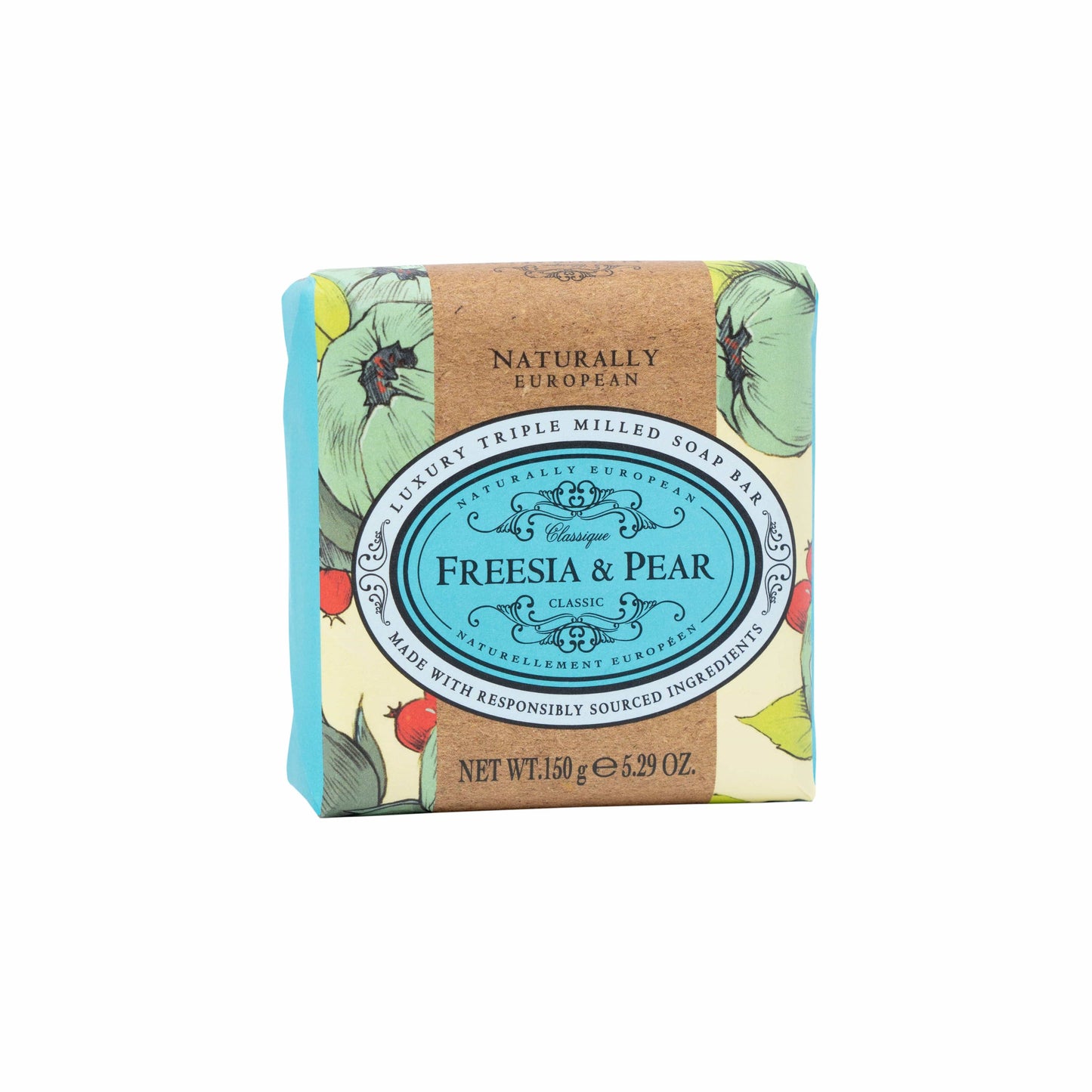 Bar of Naturally European Freesia & Pear soap on a white background