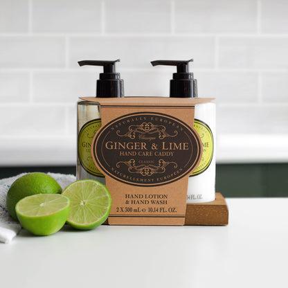 Somerset Toiletries Ginger and Lime hand care caddy with 2 x pump bottles and packaging on a white surface.