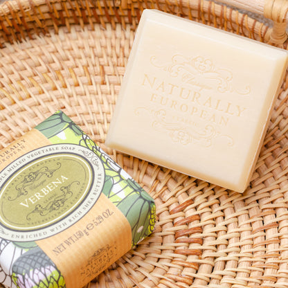 Somerset Toiletries Verbena soap and packaging on a woven basket