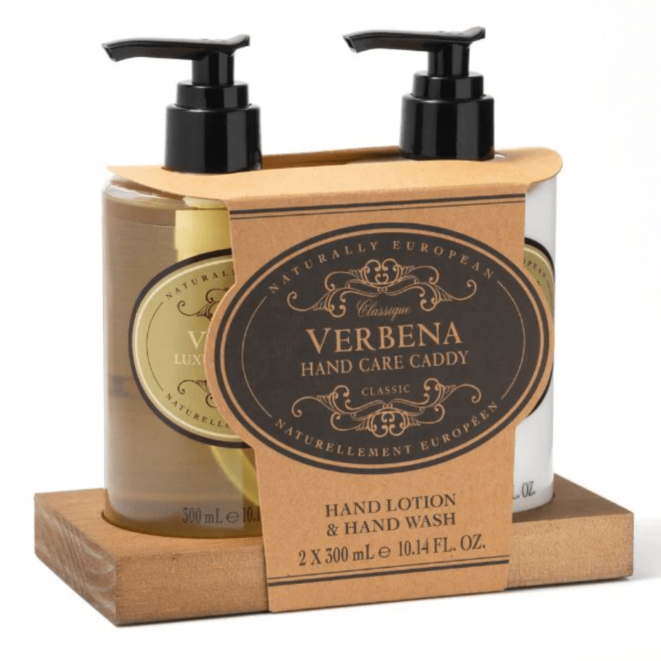 Somerset Toiletries hand care caddy with Verbena hand lotion and hand wash on a wooden stand.