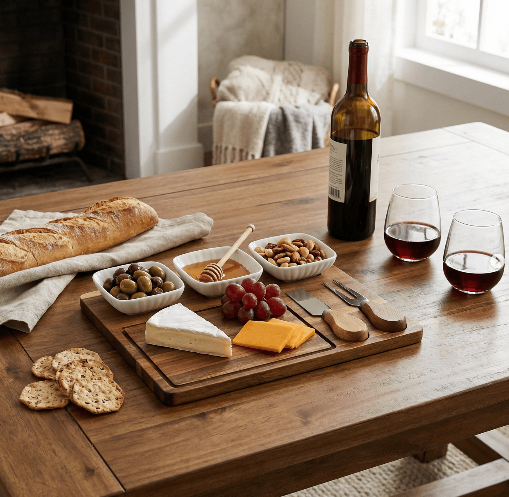 Acacia Cheese Board Set With White Ceramic Bowls And Cutlery