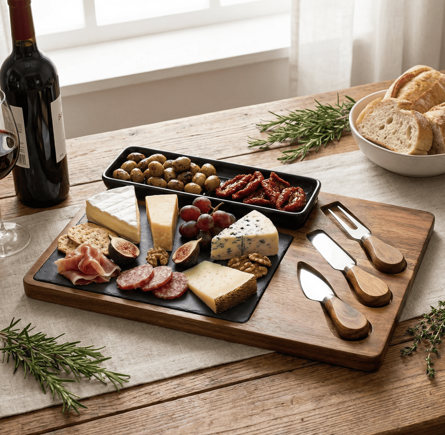 Wooden charcuterie board with assorted meats, cheeses, and fruits on a wooden table.