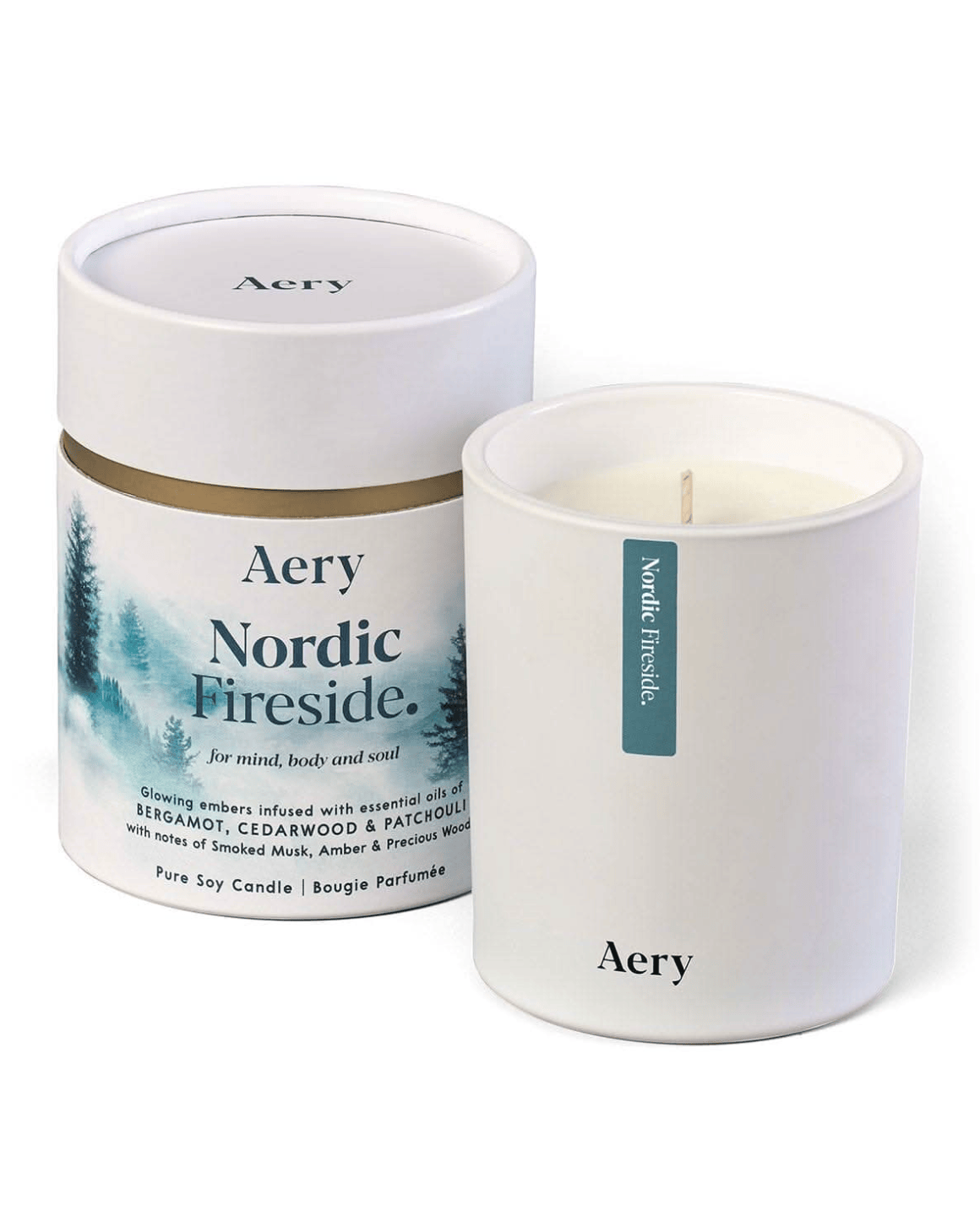 Aery Nordic Fireside candle and packaging on a white background