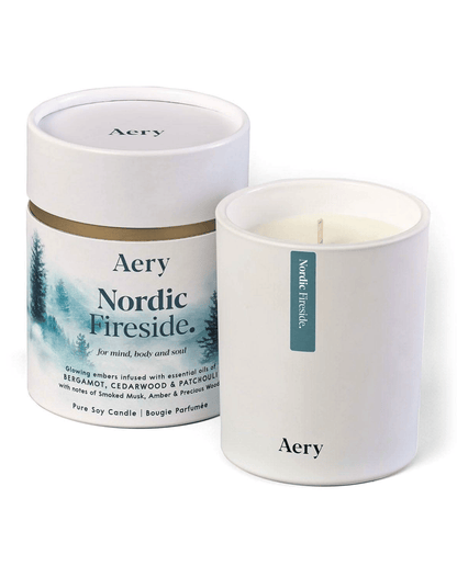 Aery Nordic Fireside candle and packaging on a white background