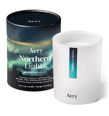 Aery Northern Lights candle and packaging on a white background