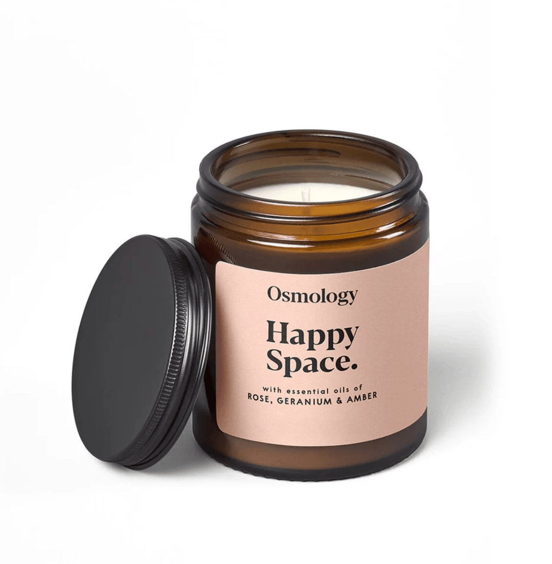 Osmology 'Happy Space' candle with a black lid on a white background