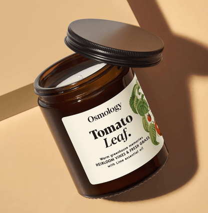Osmology Tomato Leaf candle jar on a beige background
