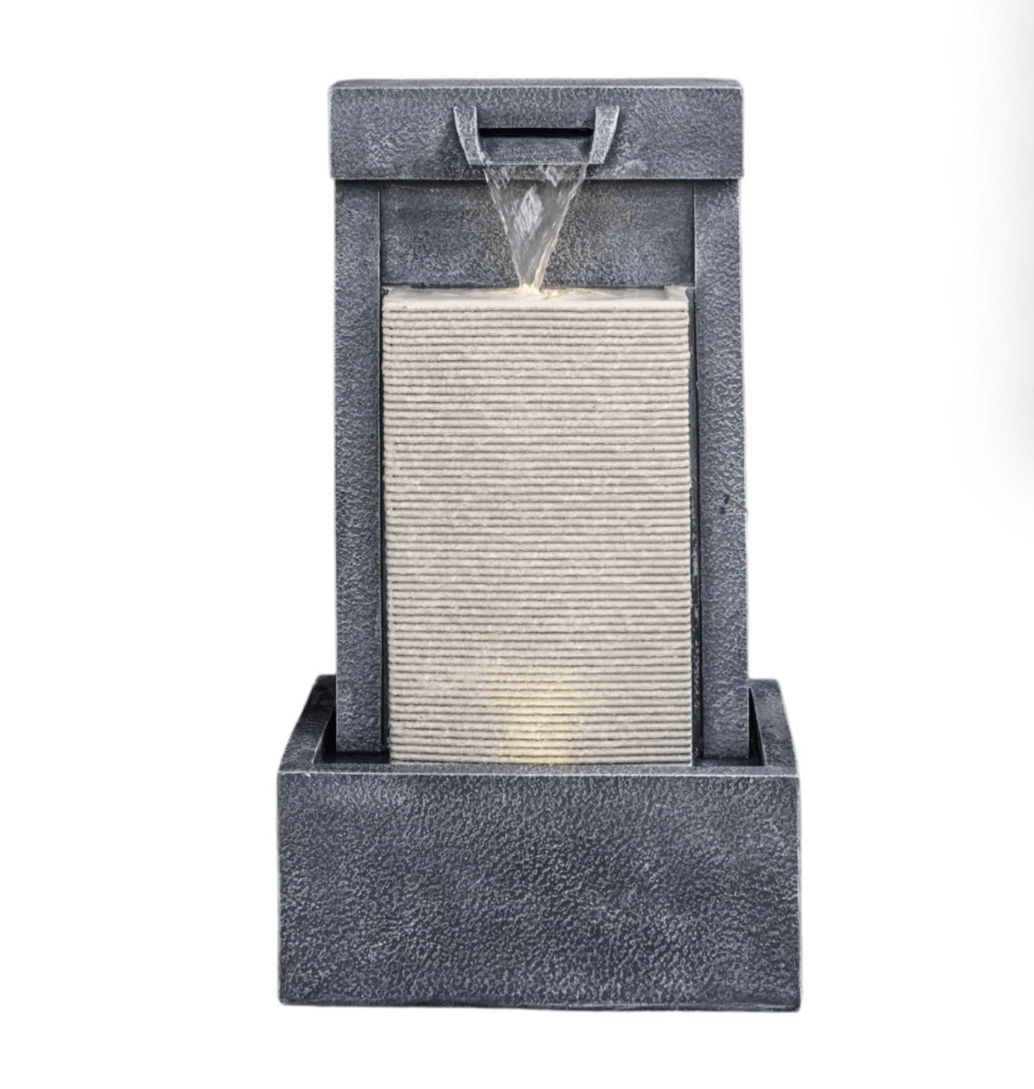 A modern geometric waterfall fountain with a textured dark gray stone-look base and frame, featuring a cascading water feature flowing into a ribbed central panel, shown against a plain white background.