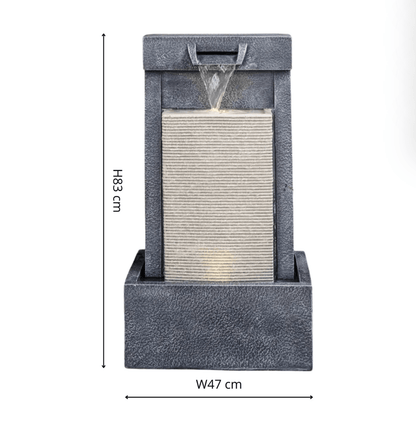A dark gray stone-textured waterfall fountain with a rectangular base and textured waterfall panel, shown with dimension lines indicating a height of 883 mm and width of 470 mm on a white background.