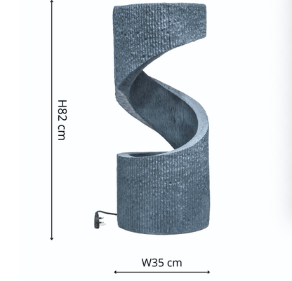 A spiral-shaped textured gray decorative light fixture with a power cord, shown on a white background with height and width measurement annotations.