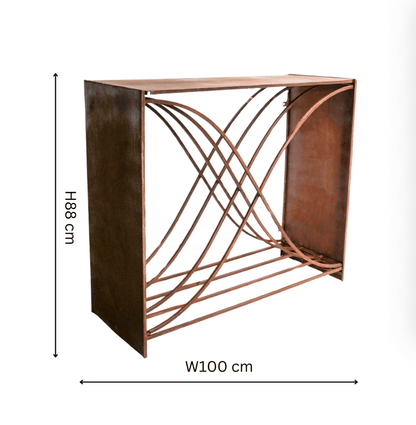 Copper console table with geometric design and dimensions on a white background