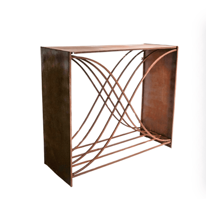 Bronze side table with intricate geometric design on a white background