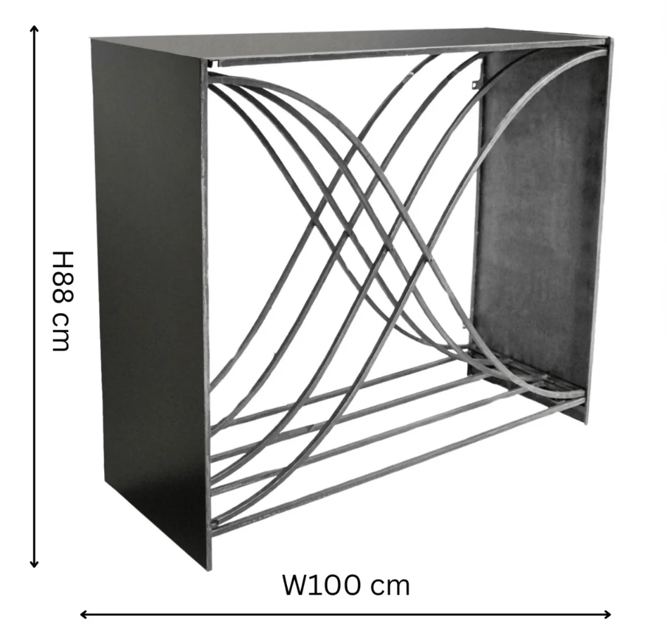Black metal console table with geometric design, shown with dimensions on a white background.