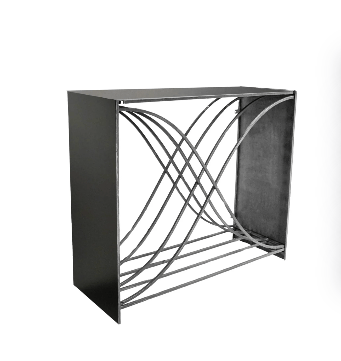 Black metal side table with geometric design on a white background