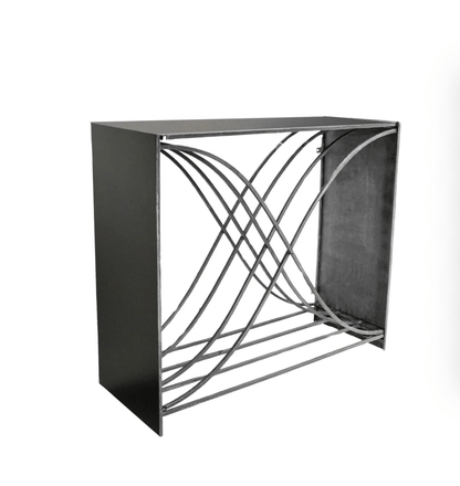 Black metal side table with geometric design on a white background