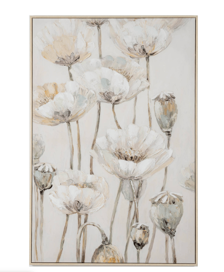 A framed vertical floral painting featuring watercolor-style white and pale beige poppy flowers with muted gray-green and gold accents on a light background.