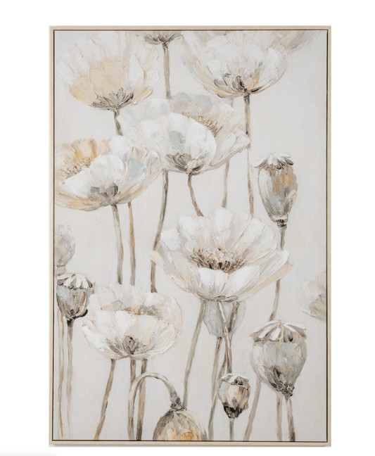 A framed vertical floral painting featuring watercolor-style white and pale beige poppy flowers with muted gray-green and gold accents on a light background.
