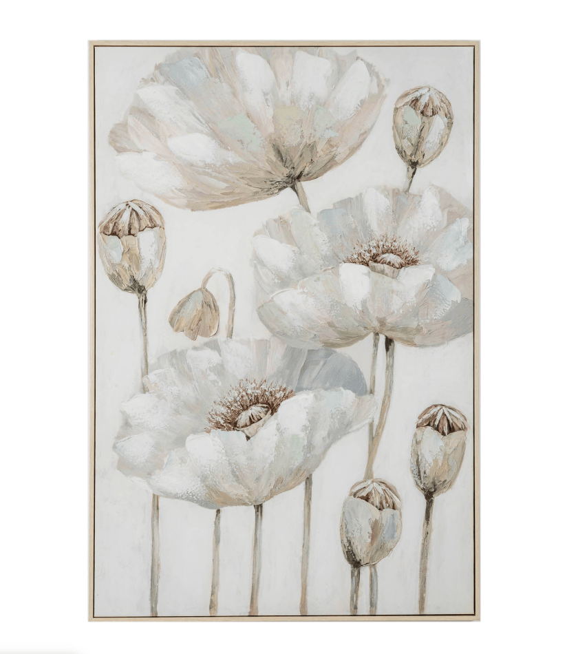 A framed floral wall art print featuring large pale cream and off-white flowers with muted green and brown accents on a light background, shown against a plain white backdrop.