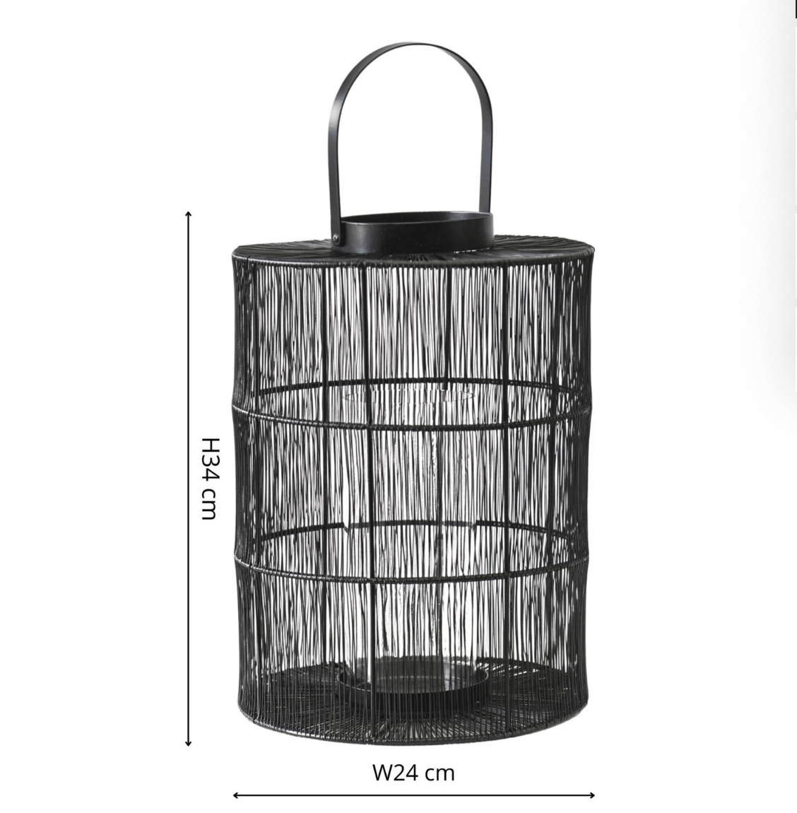 Black wire lantern with dimensions on a white background