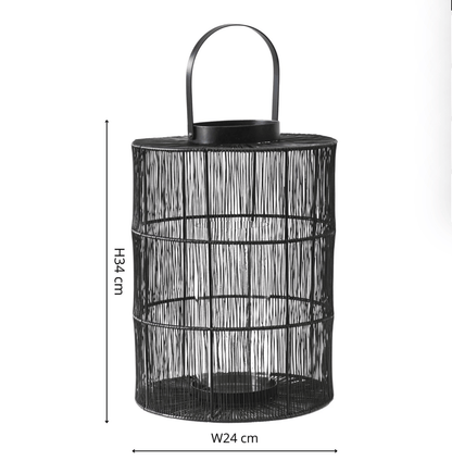 Black wire lantern with dimensions on a white background