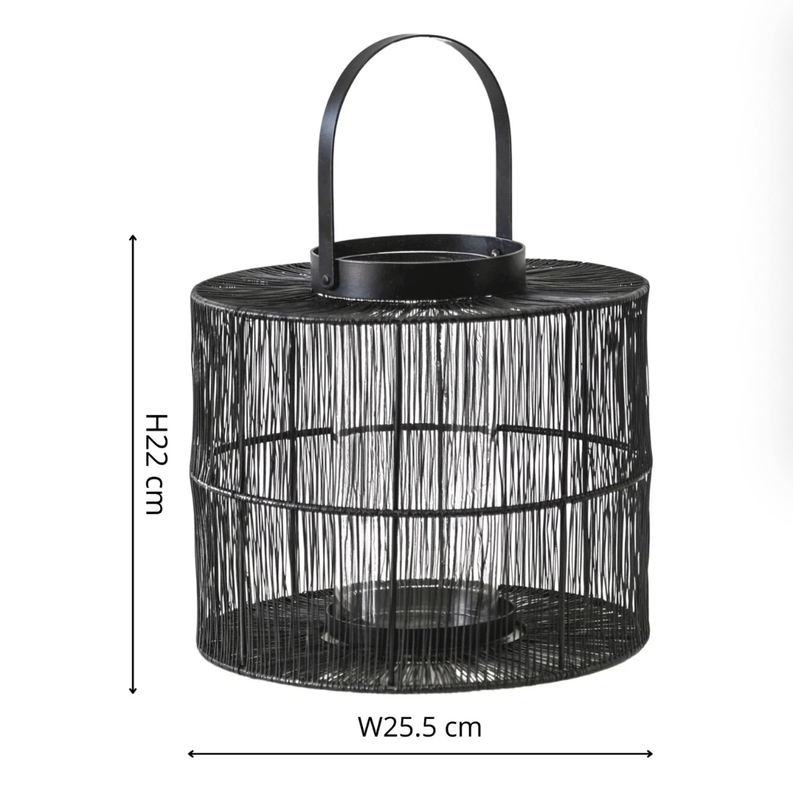 Black woven lantern with dimensions on a white background