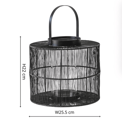 Black woven lantern with dimensions on a white background