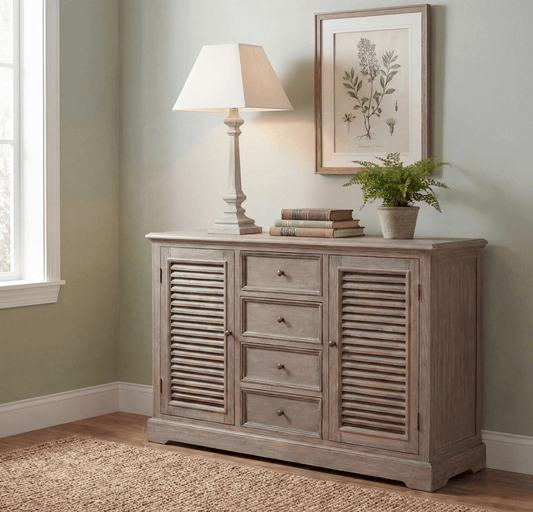A rustic gray wooden sideboard cabinet with louvered doors and four drawers, styled in a room with a table lamp, books, a potted plant, and framed botanical art against a sage green wall.