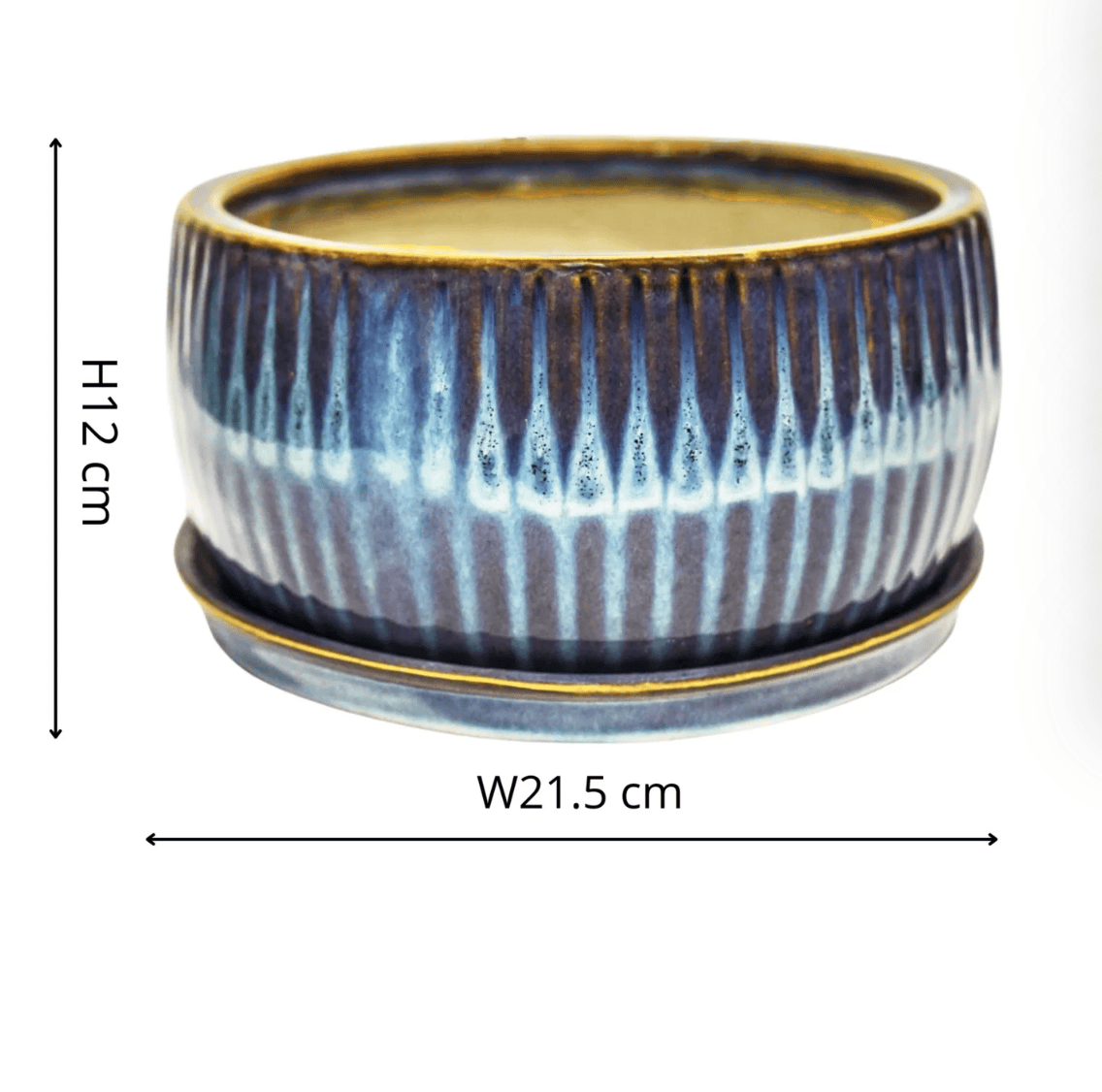 Ceramic planter with blue and white striped design, shown with dimensions on a white background.