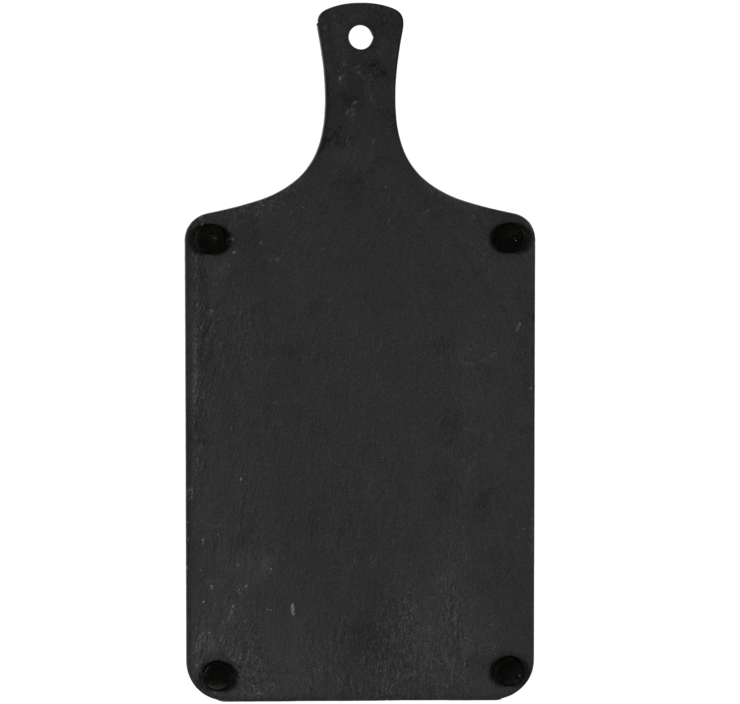 Black cutting board with handle on a white background