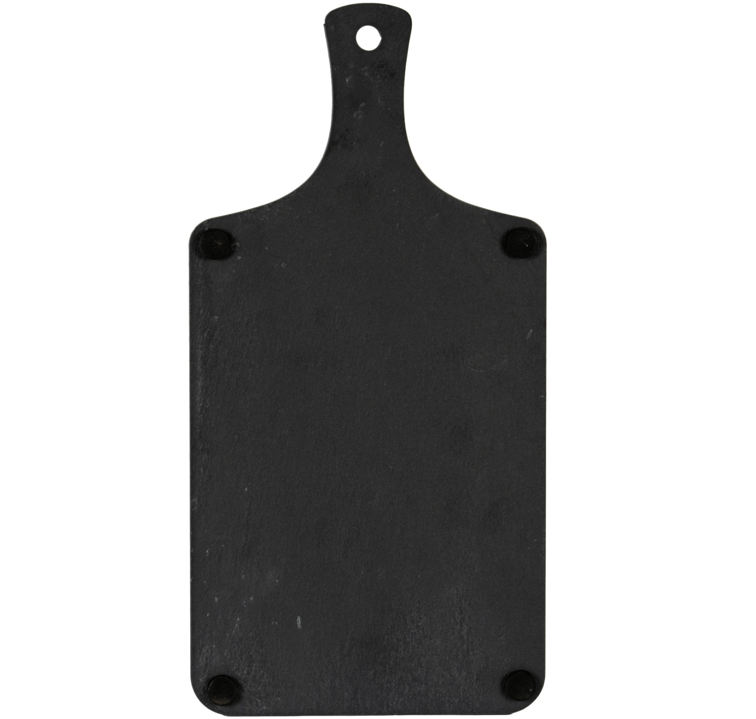 Black cutting board with handle on a white background