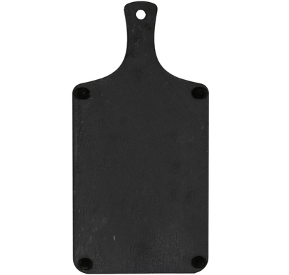 Black cutting board with handle on a white background