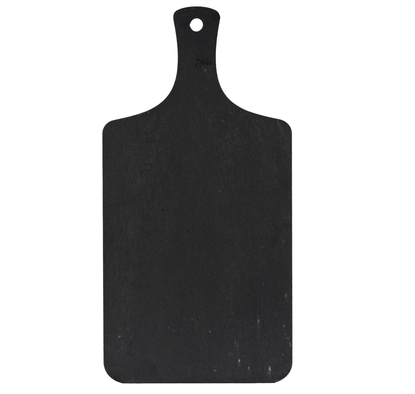 Black cutting board with a handle on a white background