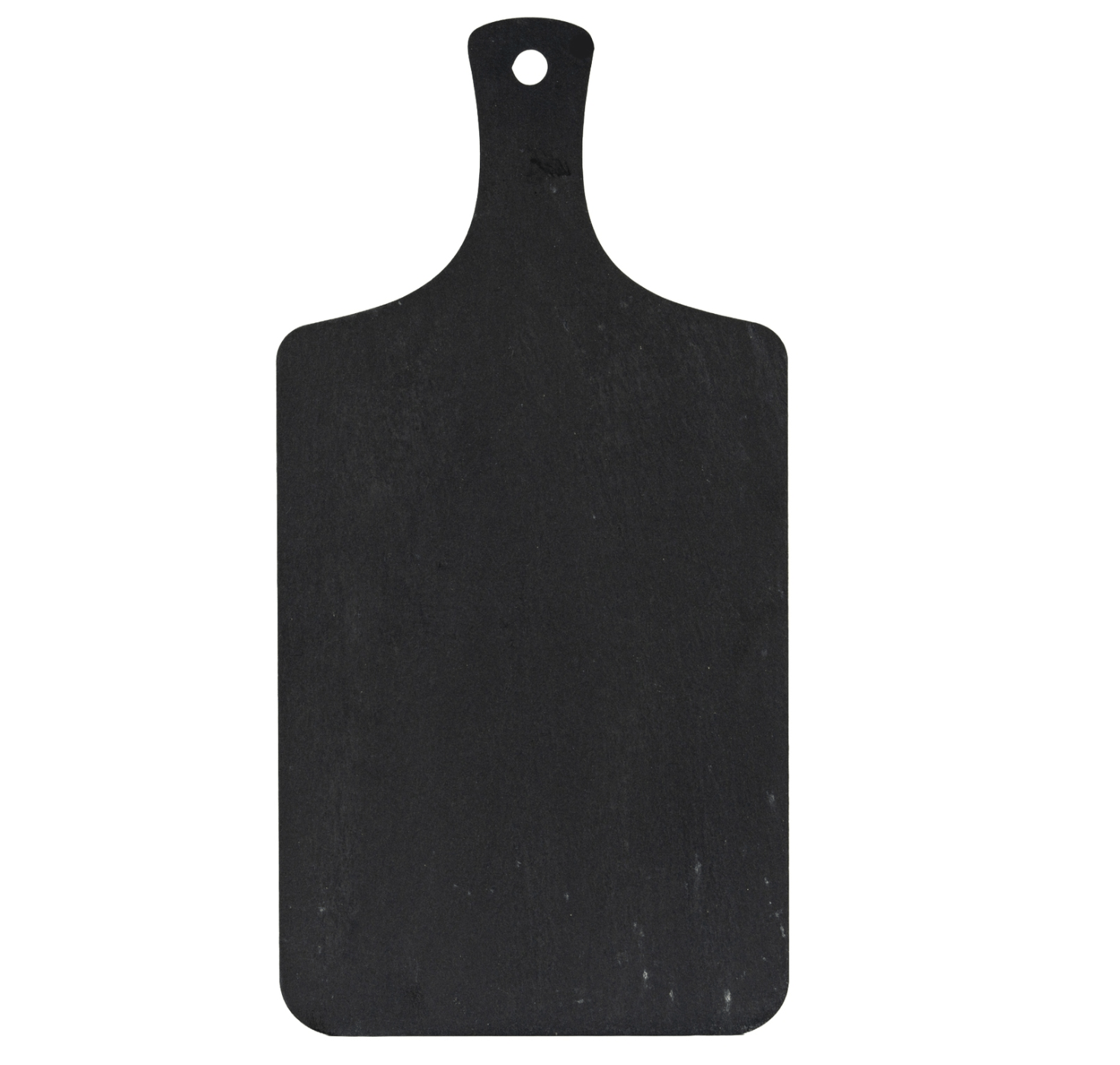 Black cutting board with a handle on a white background