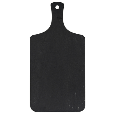 Black cutting board with a handle on a white background