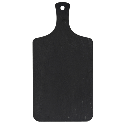Black cutting board with a handle on a white background