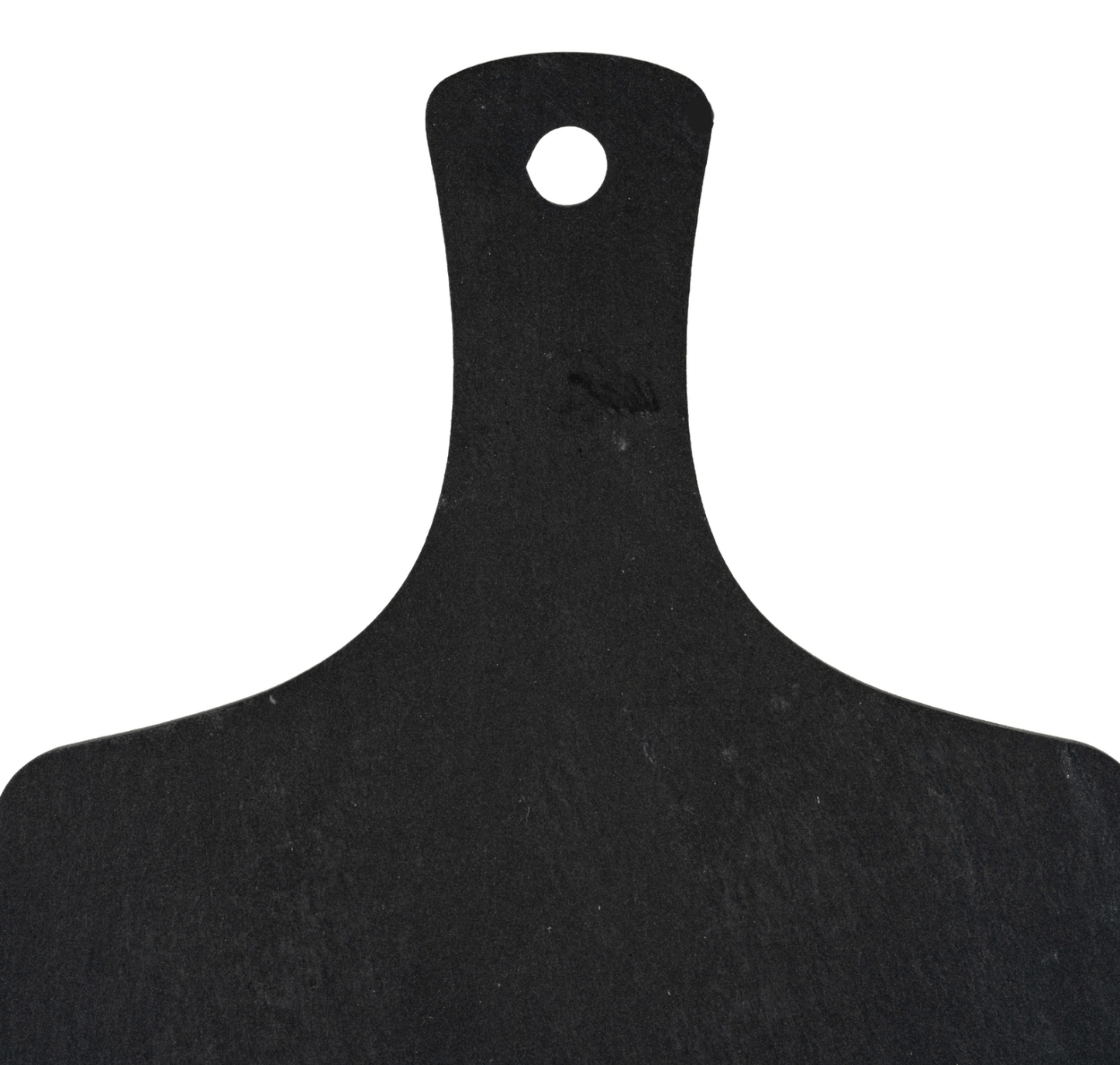 Black cutting board with a handle on a white background