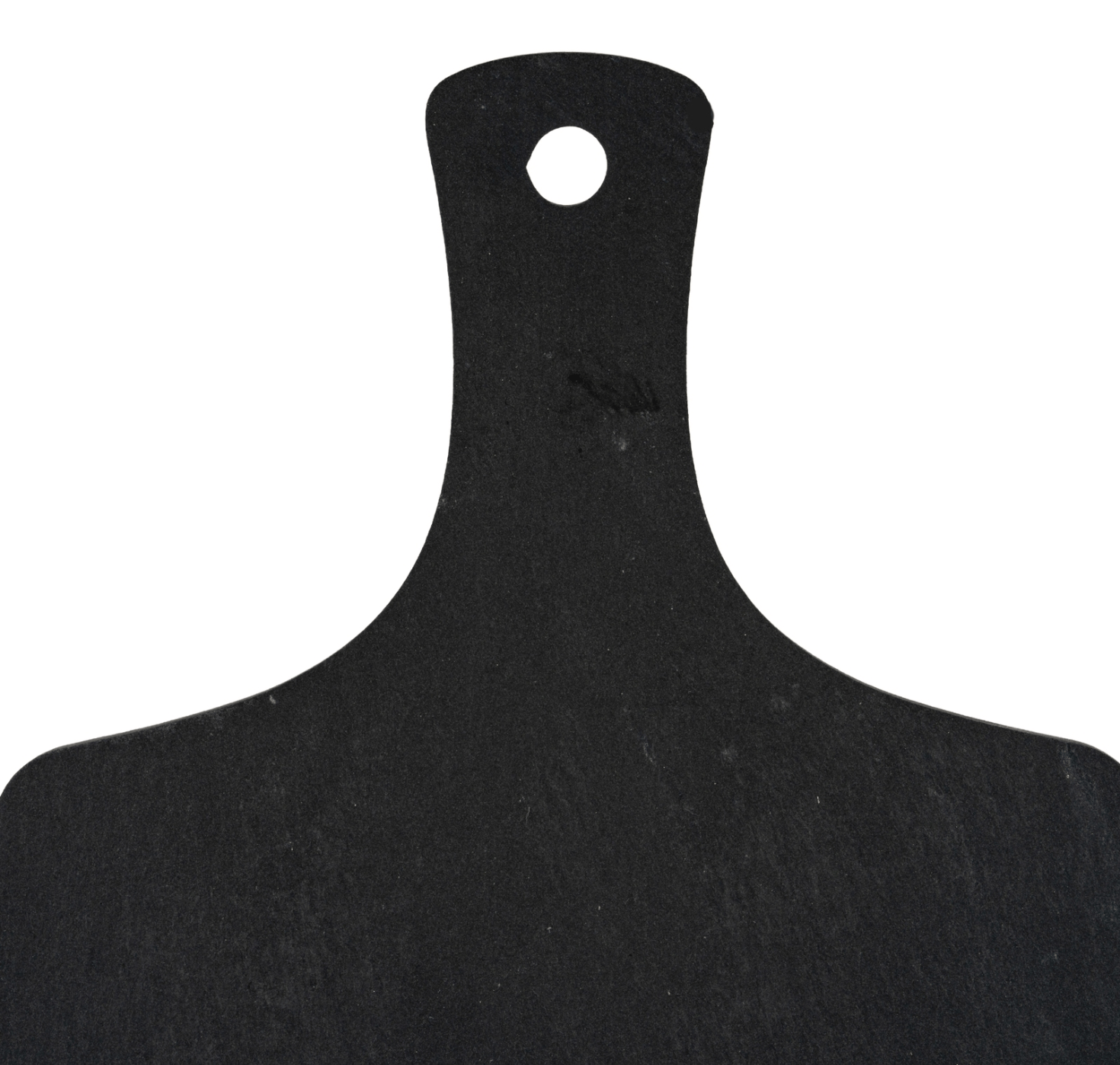 Black cutting board with a handle on a white background