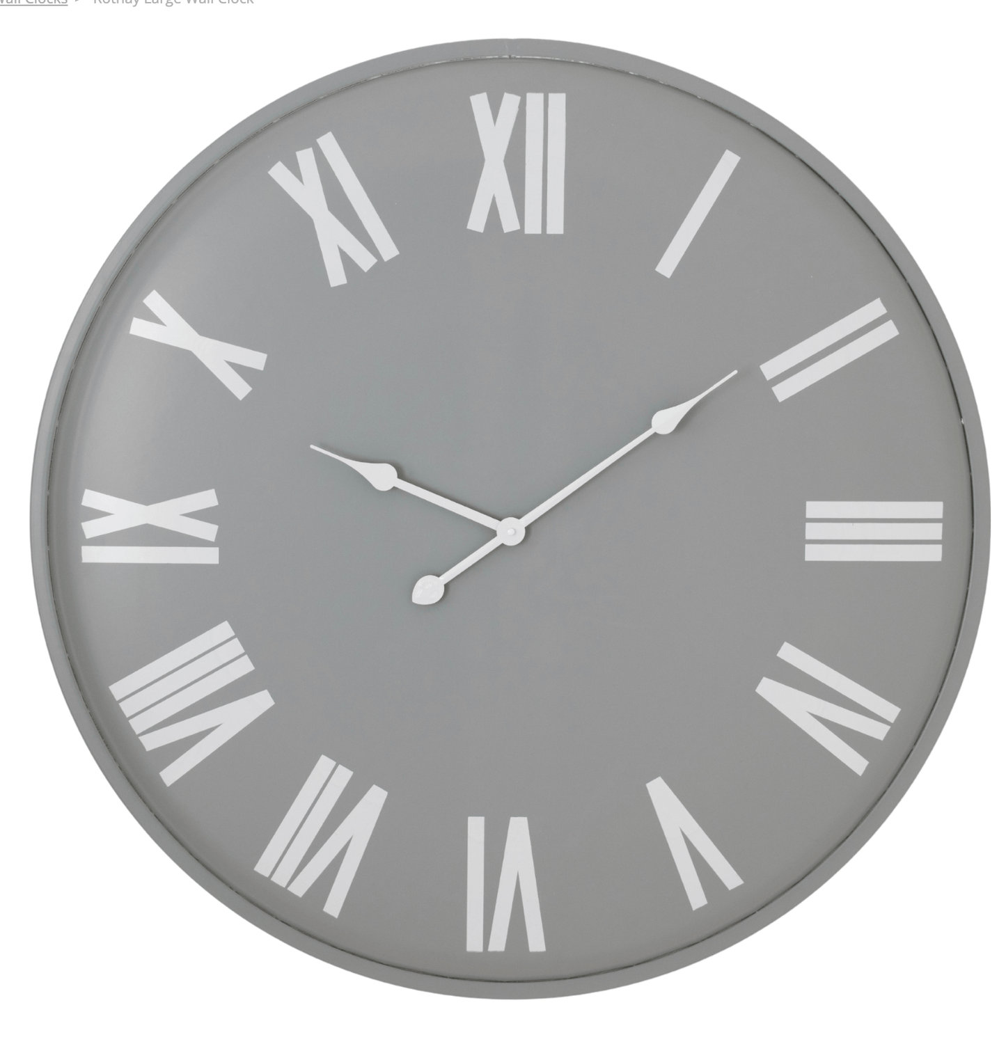 Gray wall clock with white Roman numerals on a white background