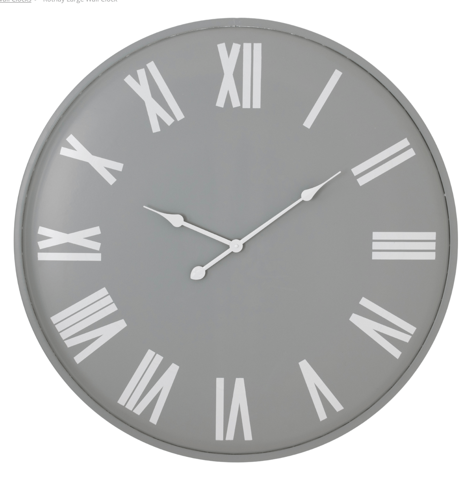 Gray wall clock with white Roman numerals on a white background